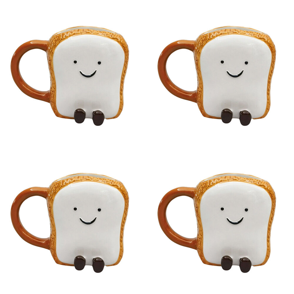 4PK Urban Ceramic Teddy Toast Friends 3D Coffee Drinking Mug 10cm White