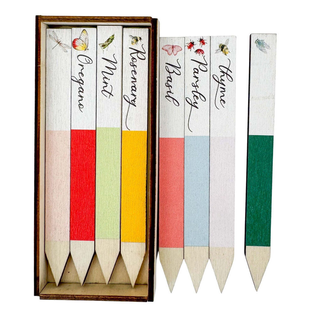 3x 8pc Urban Wooden Plant Markers Signs Gift Box 12cm Multicoloured