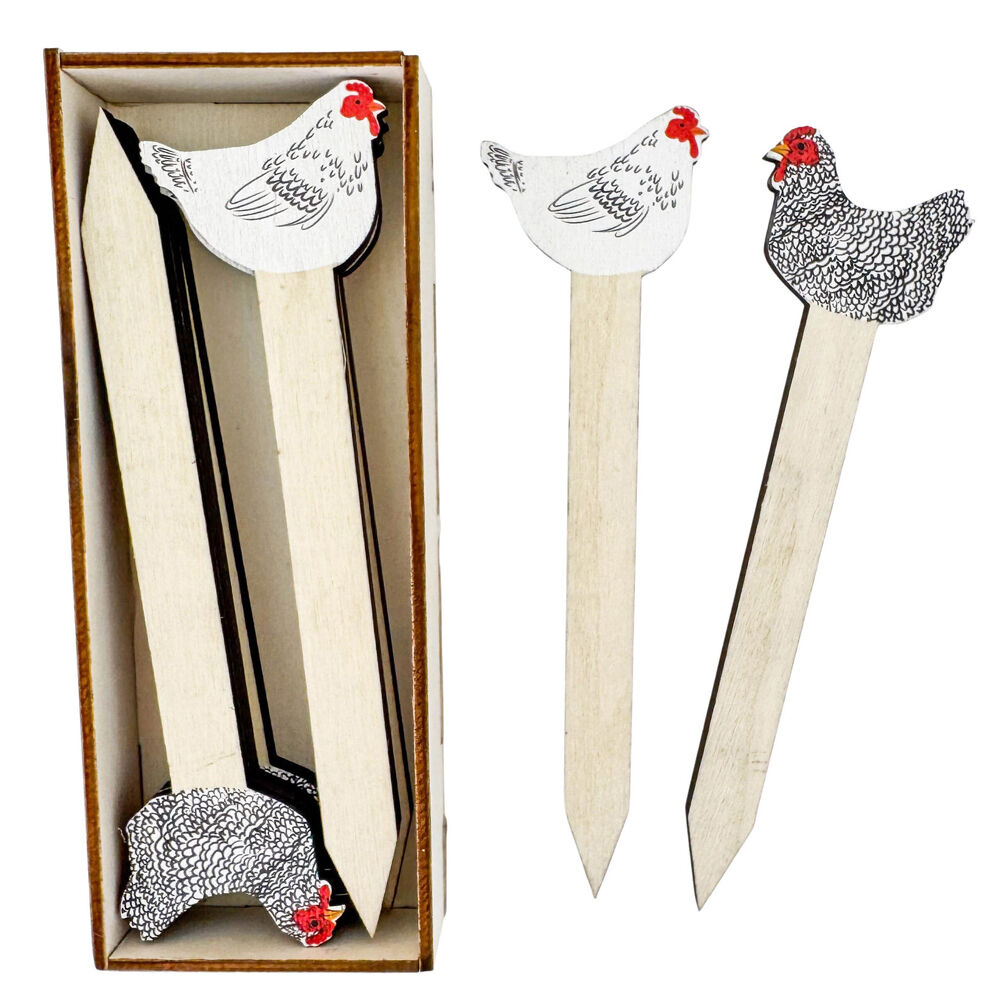 8pc Urban Wooden Chicken Design Plant Markers Gift Box 14cm Black/White