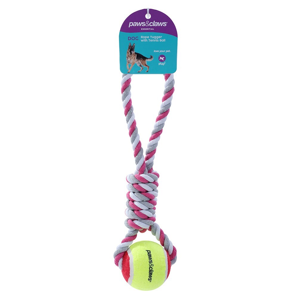 2x Paws & Claws Pet/Dog 34cm Rope Tugger/Tennis Ball - Assorted