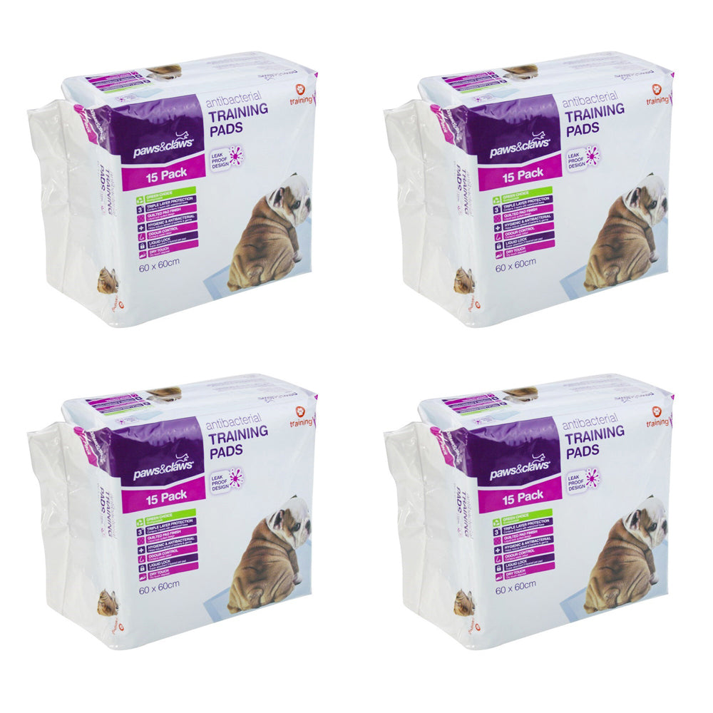 4x 15PK Paws & Claws 60x60cm Anti bacterial Pet/Dog Training Pads