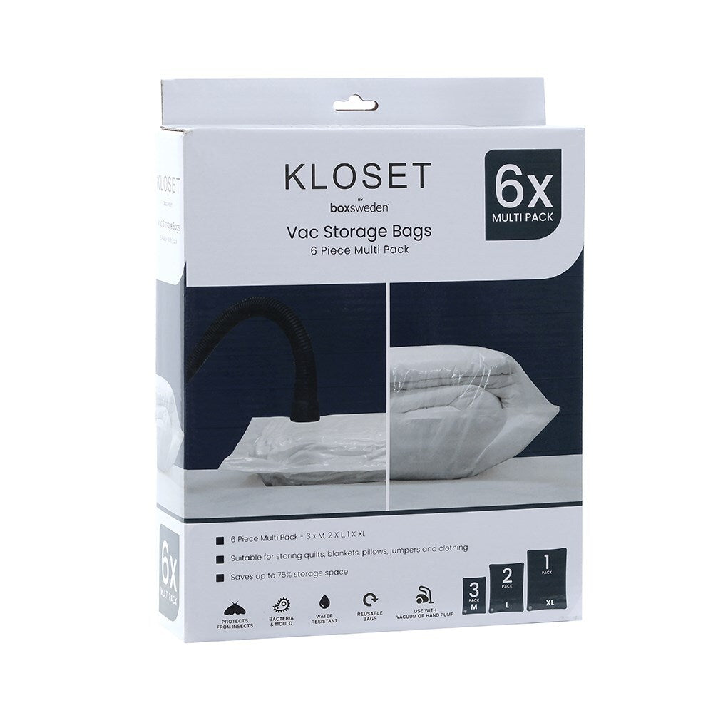 2x 6pc Boxsweden Kloset M/L/XL Vac Storage Bags For Clothes - Clear