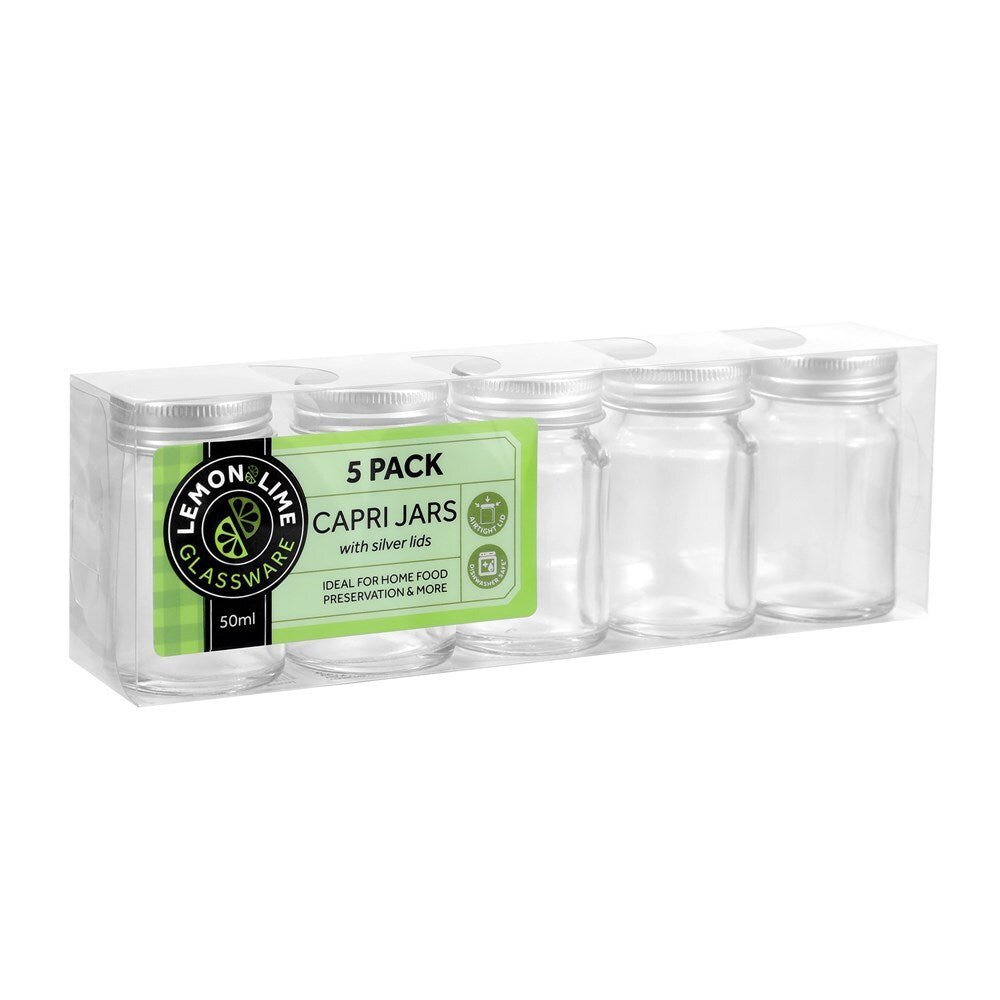 6PK 5PK Lemon & Lime 50ml Mini Round Jar Capri Glass w/ Silver Lid