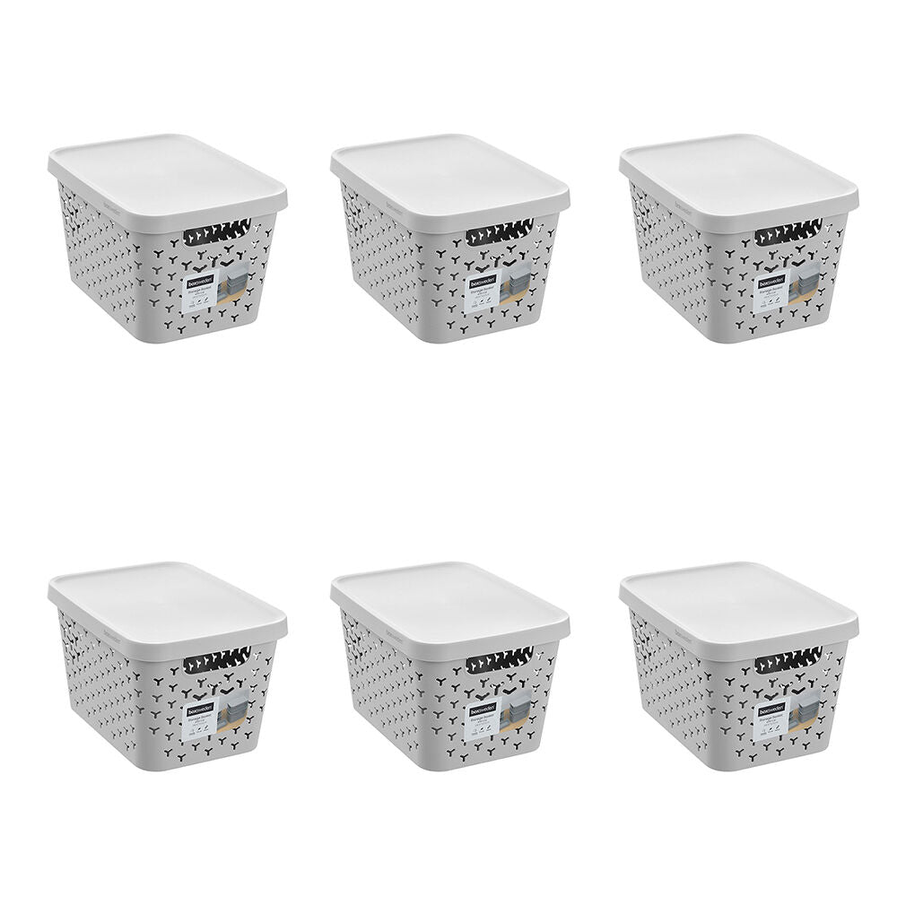 6PK Boxsweden Star Basket Lidded Versatile Rectangular 16L 36x27x22cm Grey