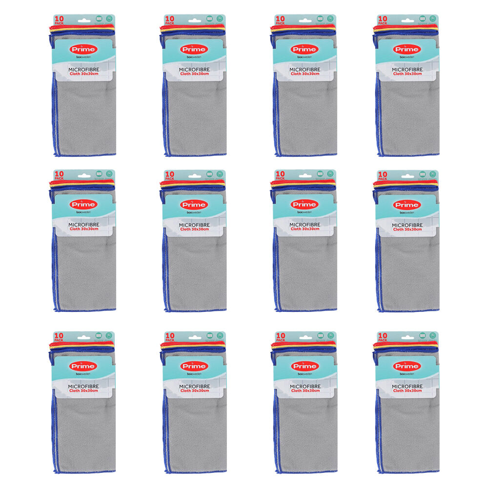 12PK 10pc Boxsweden Prime Microfibre Reusable Cleaning Cloths 30x30cm Assorted