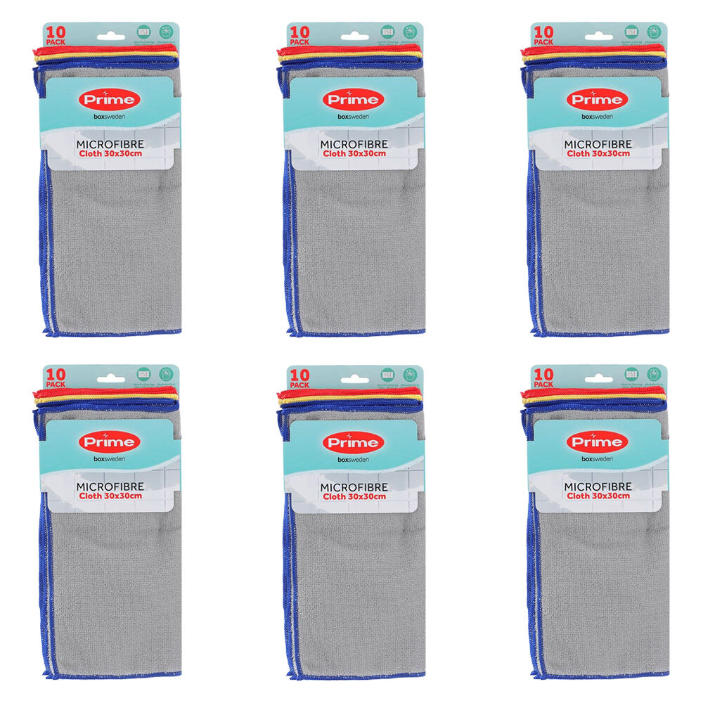 6PK 10pc Boxsweden Prime Microfibre Reusable Cleaning Cloths 30x30cm Assorted