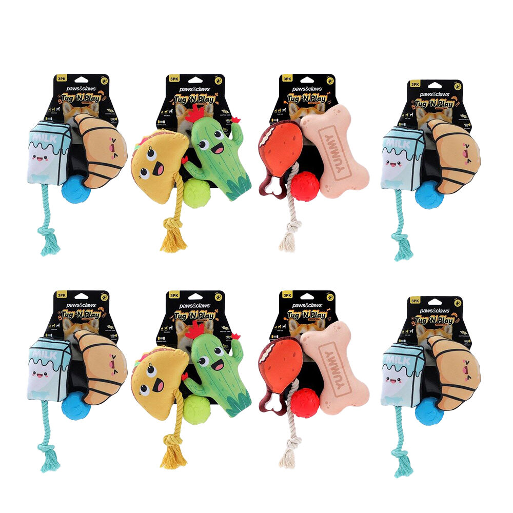 8PK 3pc Paws And Claws Tug 'N Play Squeaky Plush Dog Toy 17x11x5cm Assorted
