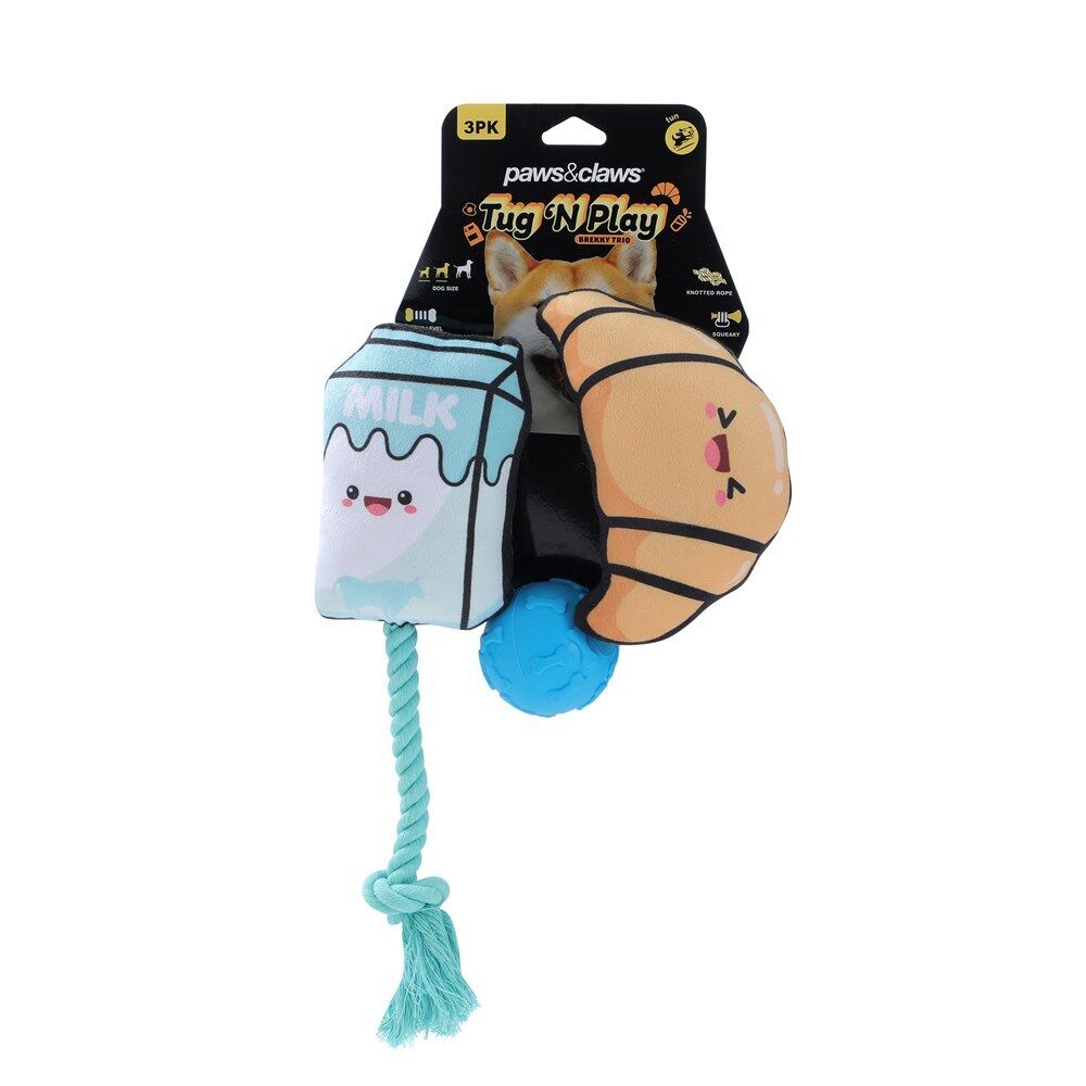 8PK 3pc Paws And Claws Tug 'N Play Squeaky Plush Dog Toy 17x11x5cm Assorted