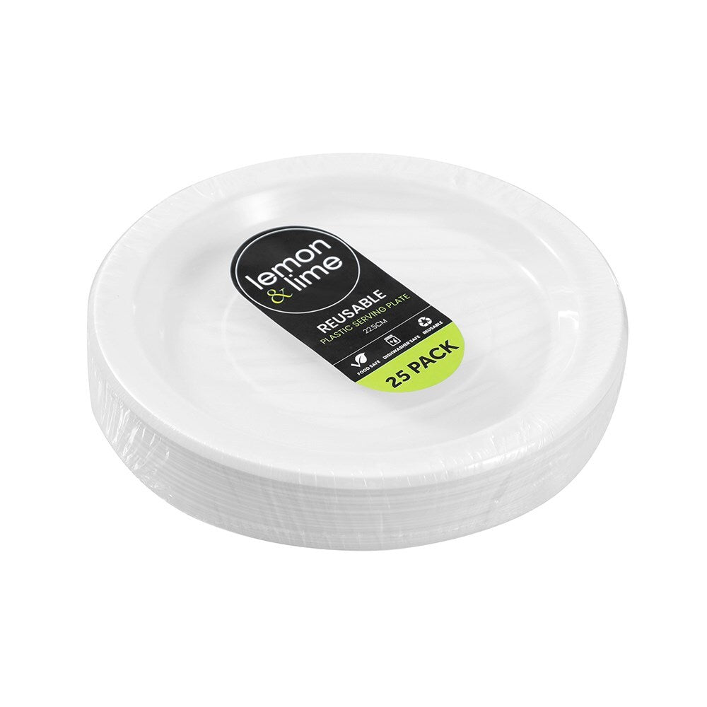 150pc Lemon & Lime Reusable Plastic Serving Plate 22.5cm - White