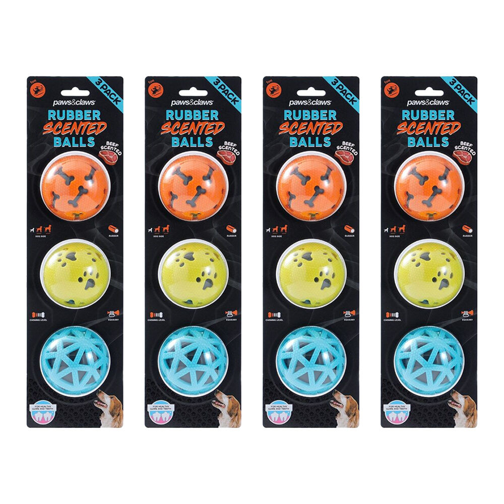 4PK 3pc Paws And Claws TPR Rubber Scented Beef Squeaky Dog Balls 7cm Assorted