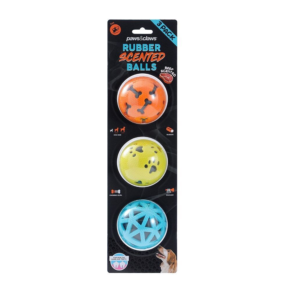 4PK 3pc Paws And Claws TPR Rubber Scented Beef Squeaky Dog Balls 7cm Assorted