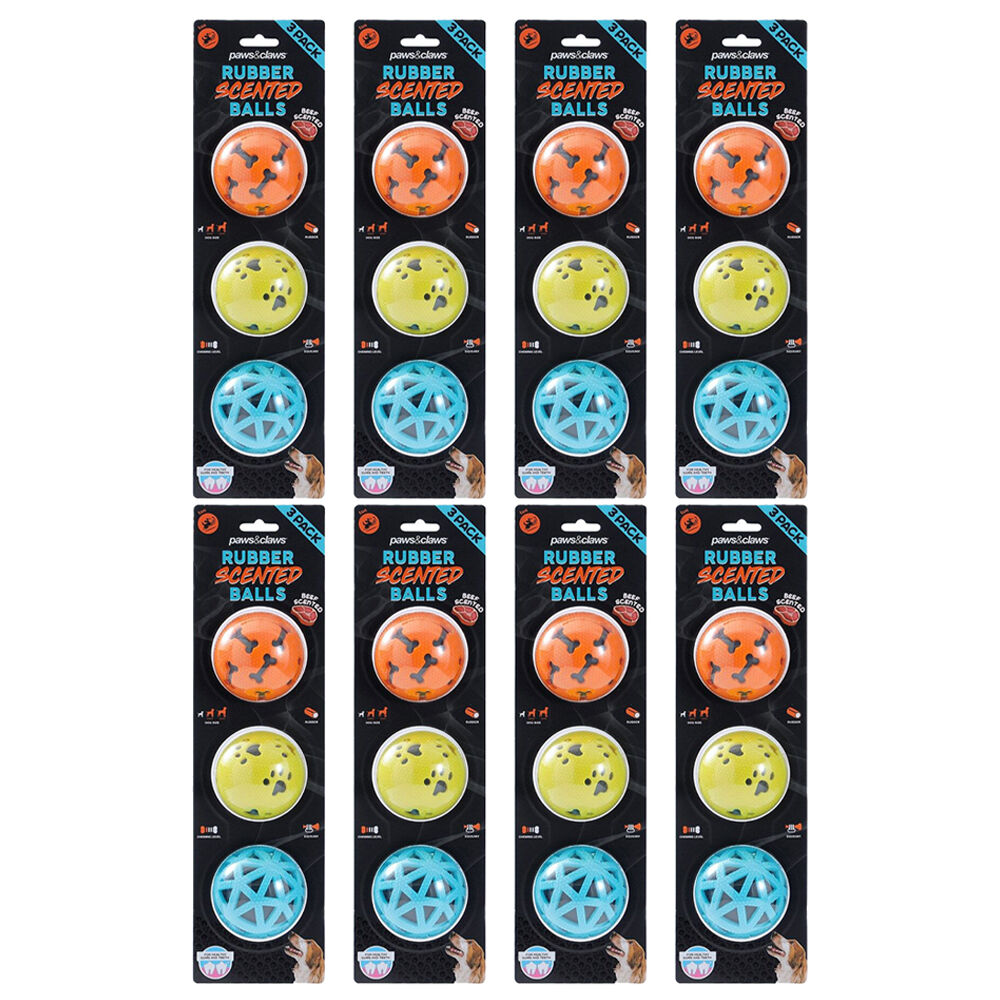 8PK 3pc Paws And Claws TPR Rubber Scented Beef Squeaky Dog Balls 7cm Assorted