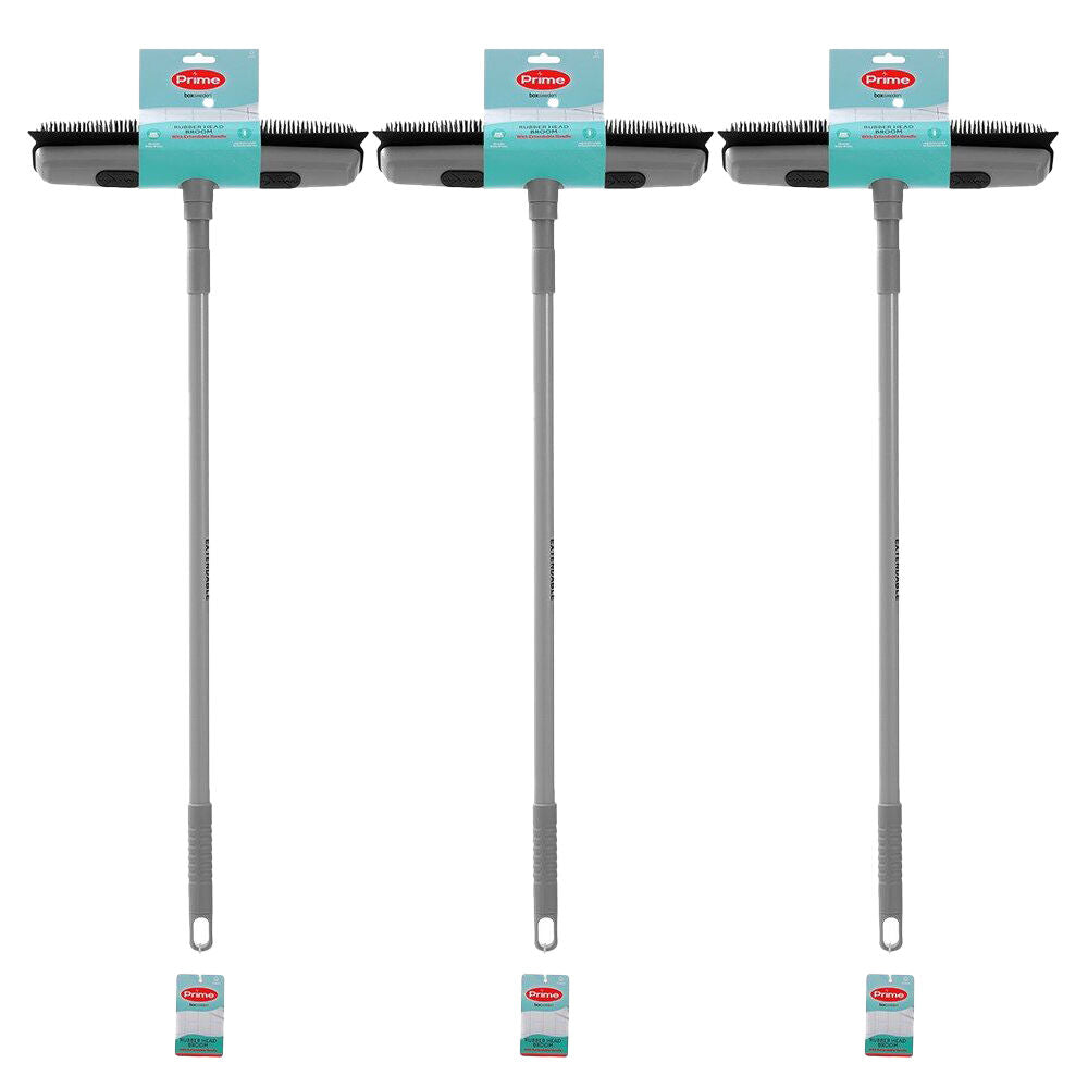 3PK Boxsweden Prime Rubber Head Outdoor/Indoor Broom w/ Extendable Handle Assorted