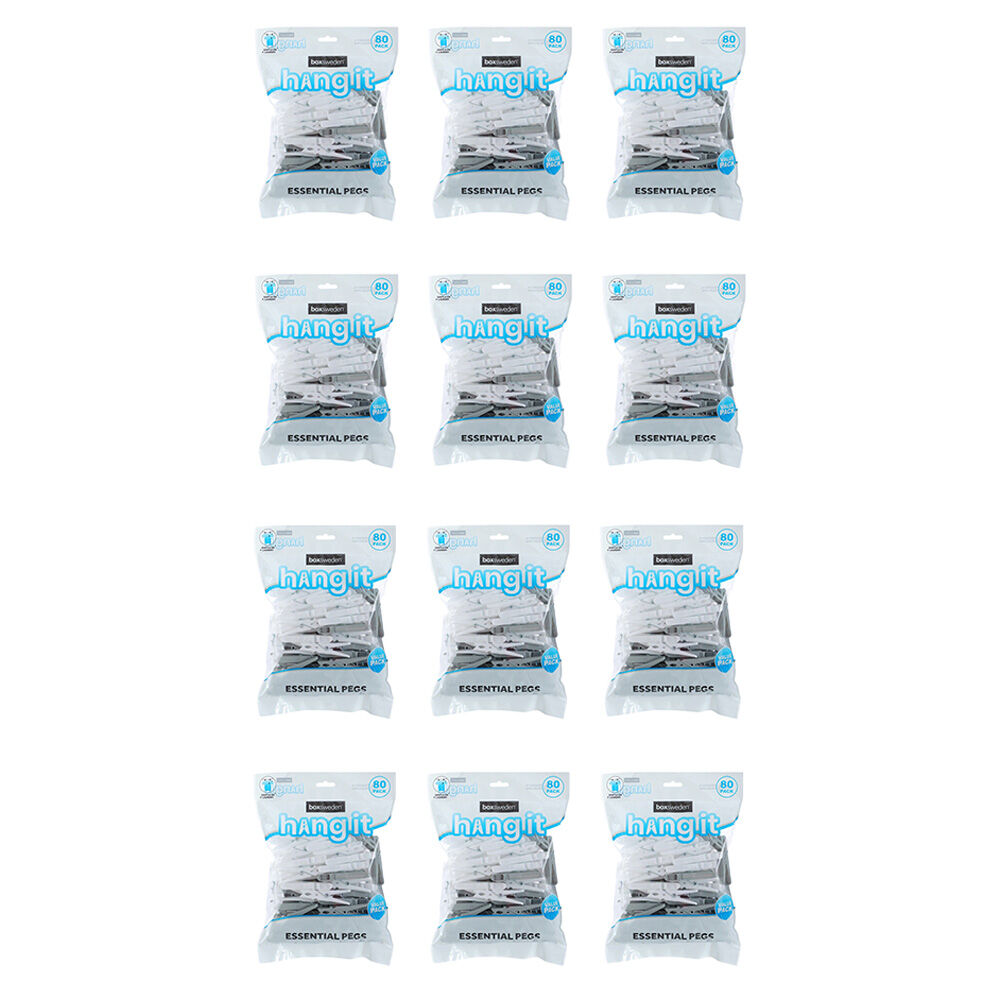 12PK 80pc Boxsweden Hangit Essential Durable Pegs Value Pack Grey/White