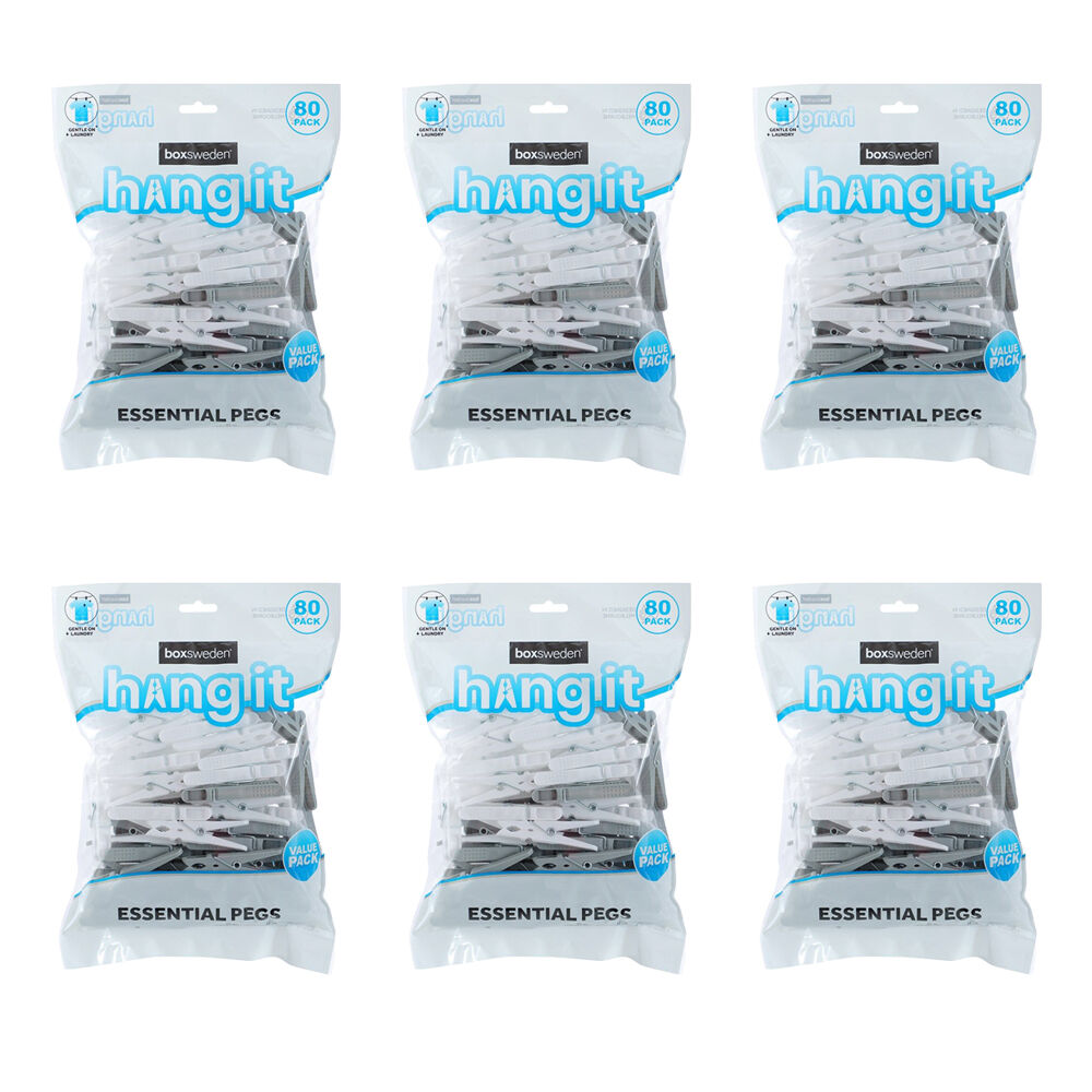 6PK 80pc Boxsweden Hangit Essential Durable Pegs Value Pack Grey/White