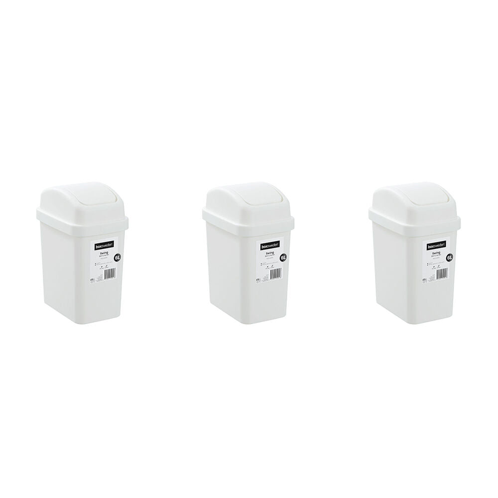 3PK Boxsweden Durable Slim Line Rubbish Bin w/ Swing Lid 6L White