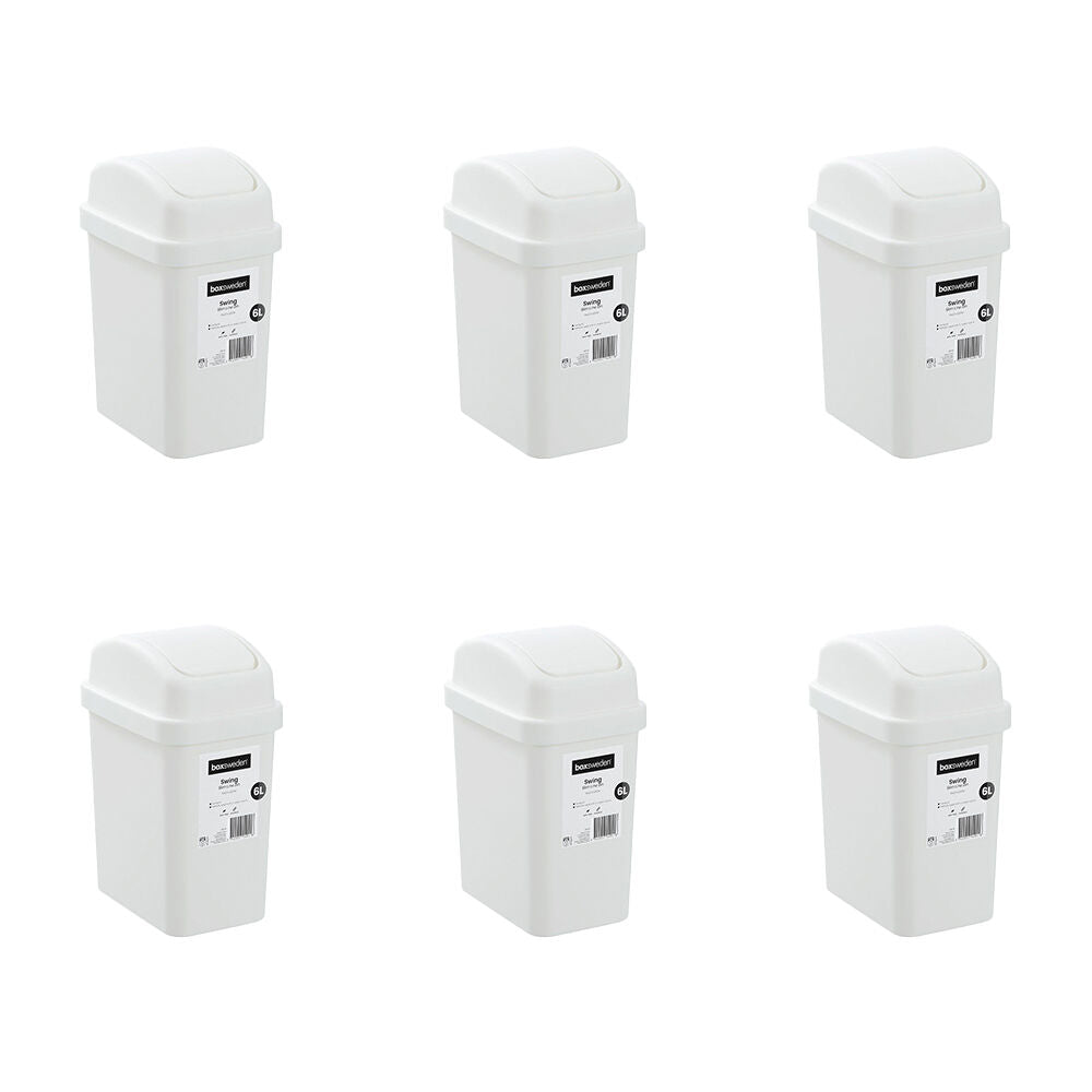 6PK Boxsweden Durable Slim Line Rubbish Bin w/ Swing Lid 6L White
