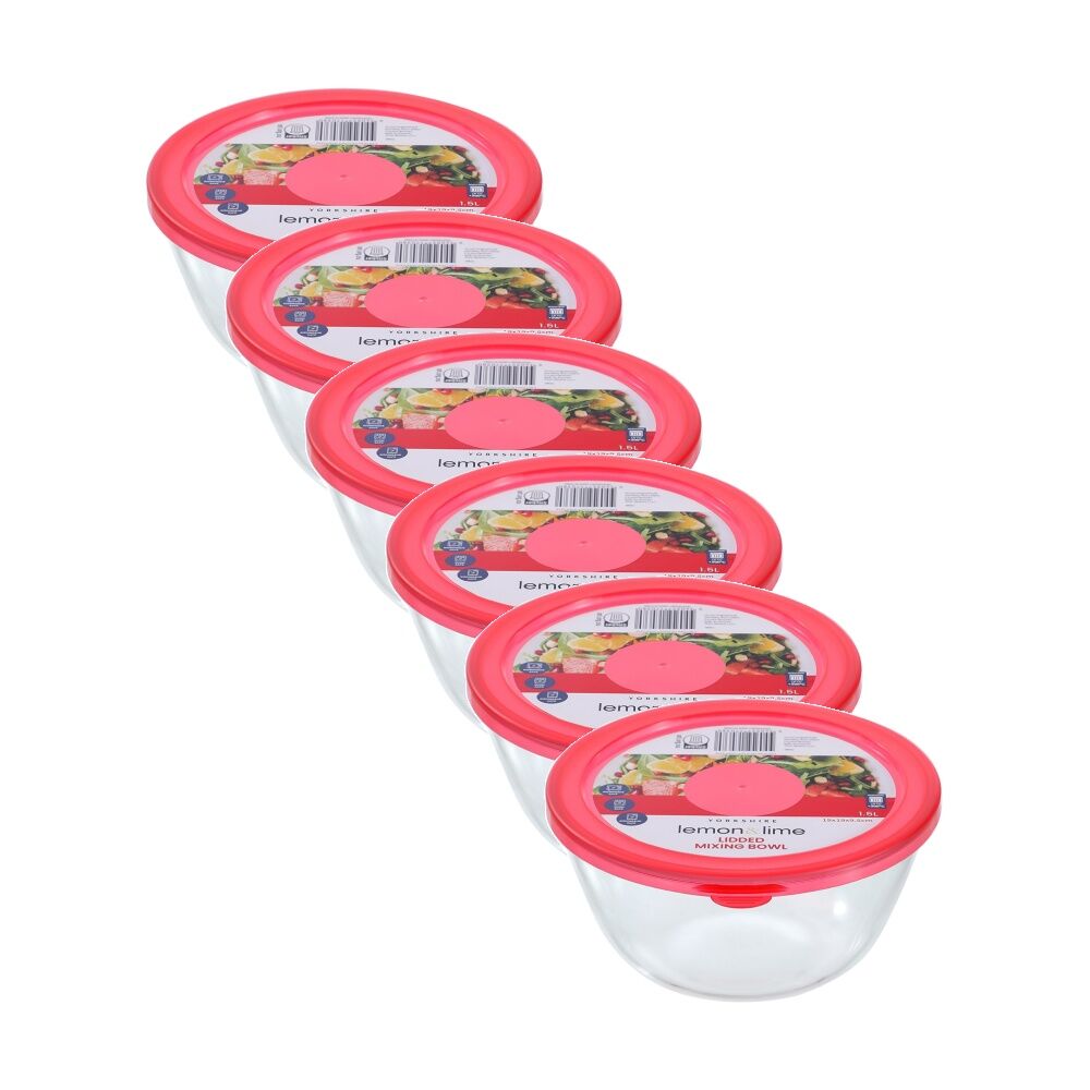 6PK Lemon and Lime Yorkshire Glass Mixing Bowl Lidded 1.5L 19x19x9.5cm Food Safe