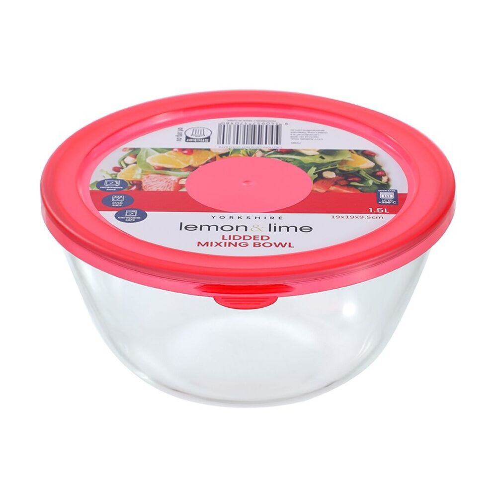 6PK Lemon and Lime Yorkshire Glass Mixing Bowl Lidded 1.5L 19x19x9.5cm Food Safe