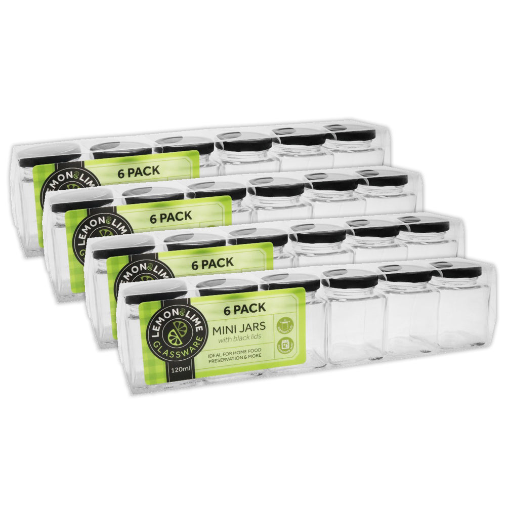 4x 6pc Lemon & Lime 120ml Glass Square Jar w/ Black Lid