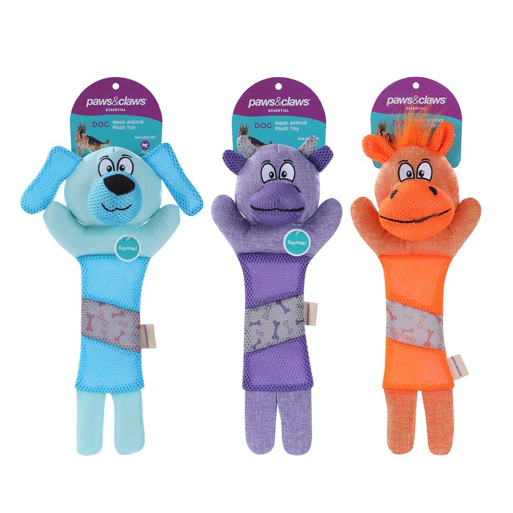 3x Paws & Claws 40cm Neon Animal Canvas Toy w/ Crinkle Belly - Assorted