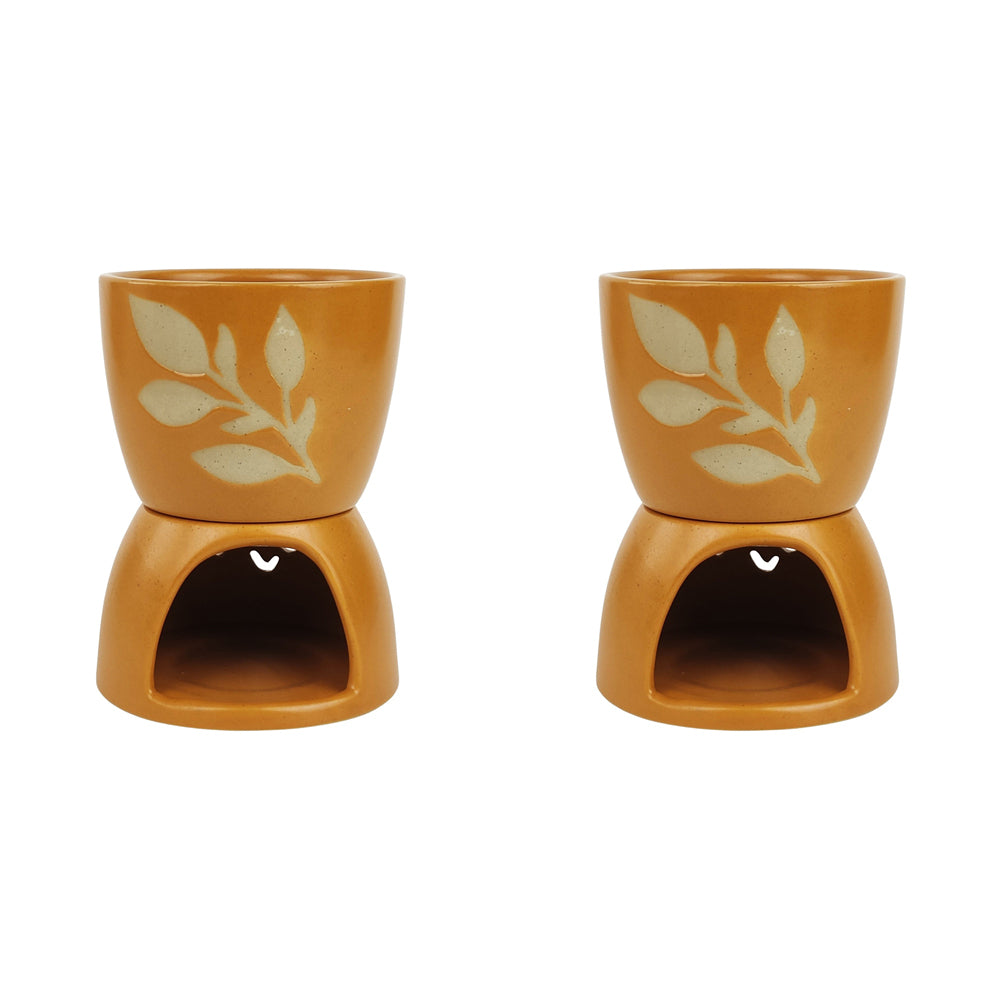 2x Urban 13.5cm Shae Foliage Ceramic Fondue Set - Mustard