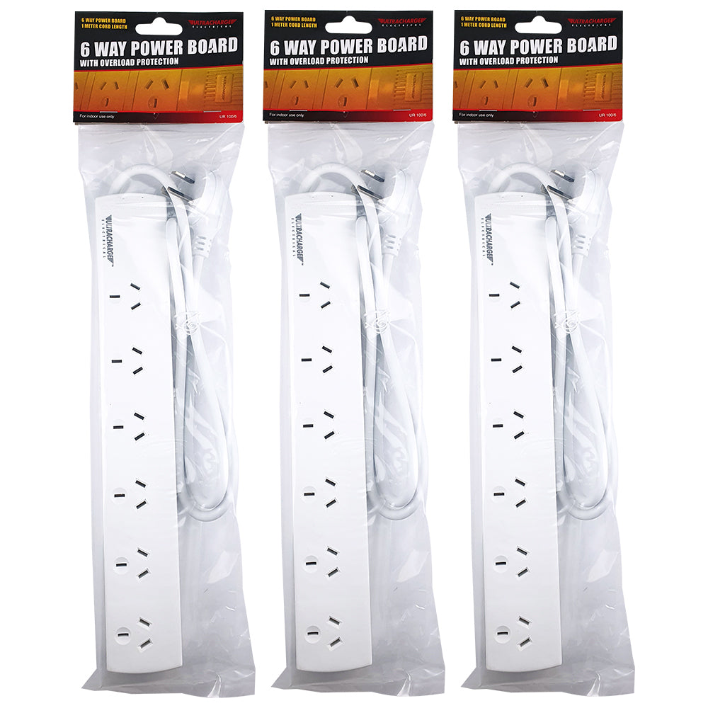 3PK Ultracharge 6 Socket Standard Power Board - White