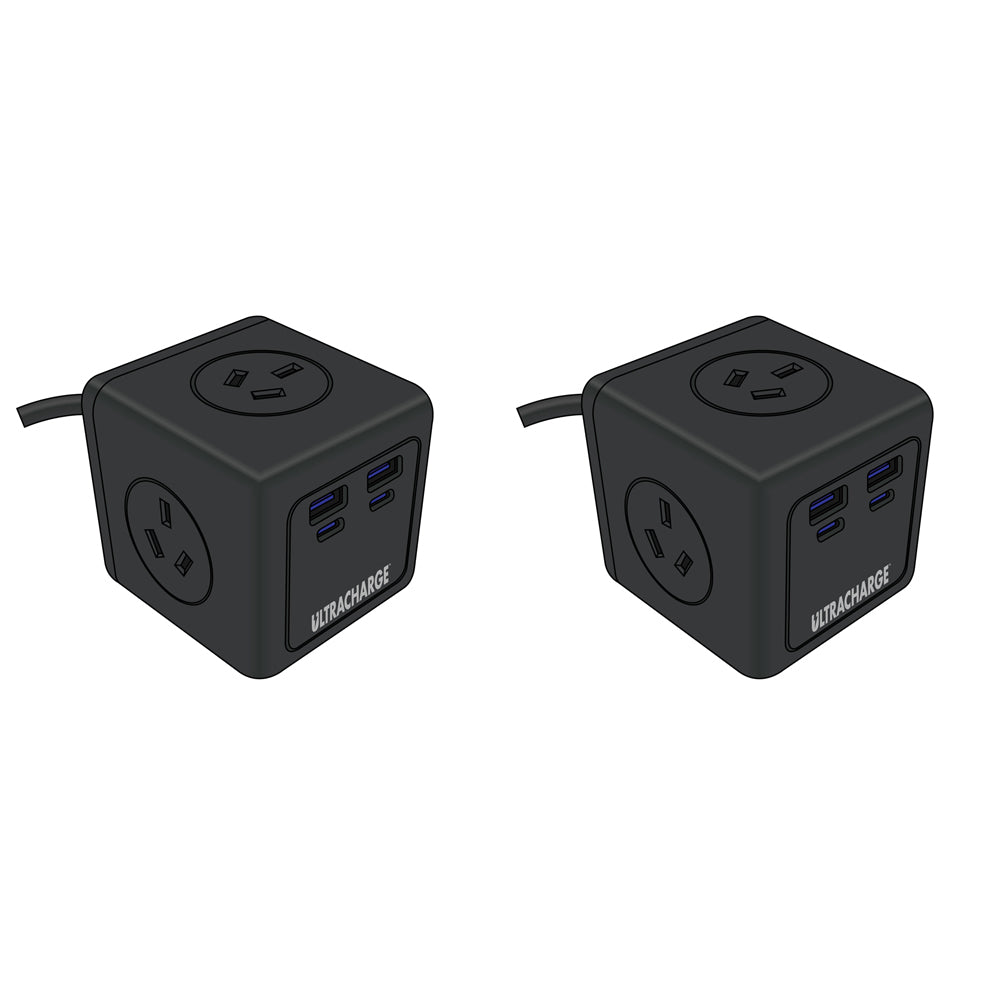 2PK Ultracharge Power Cube 3-Socket/4-USB Port Plug - Black