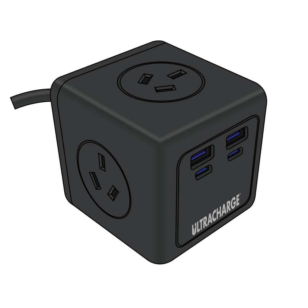 2PK Ultracharge Power Cube 3-Socket/4-USB Port Plug - Black