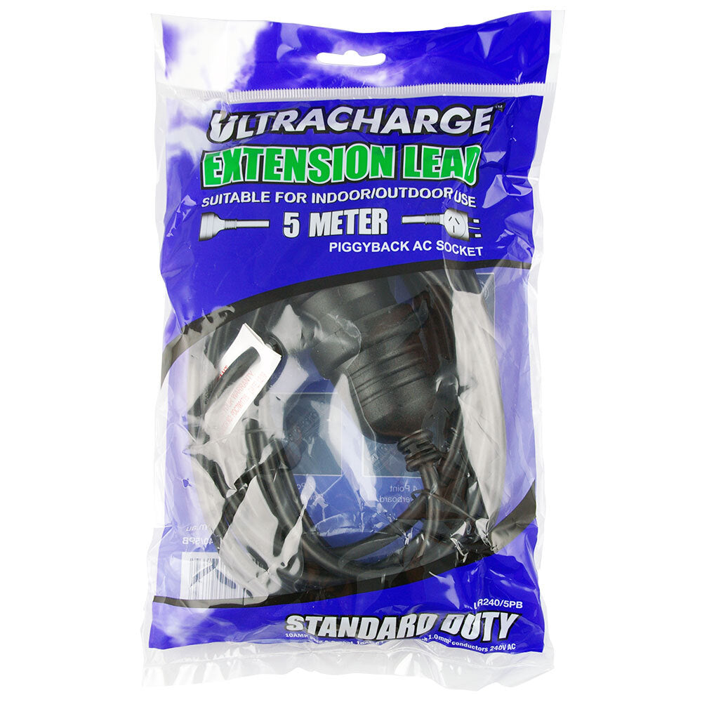 2PK Ultracharge Extension Lead 5M With Piggy Back Plug - Black