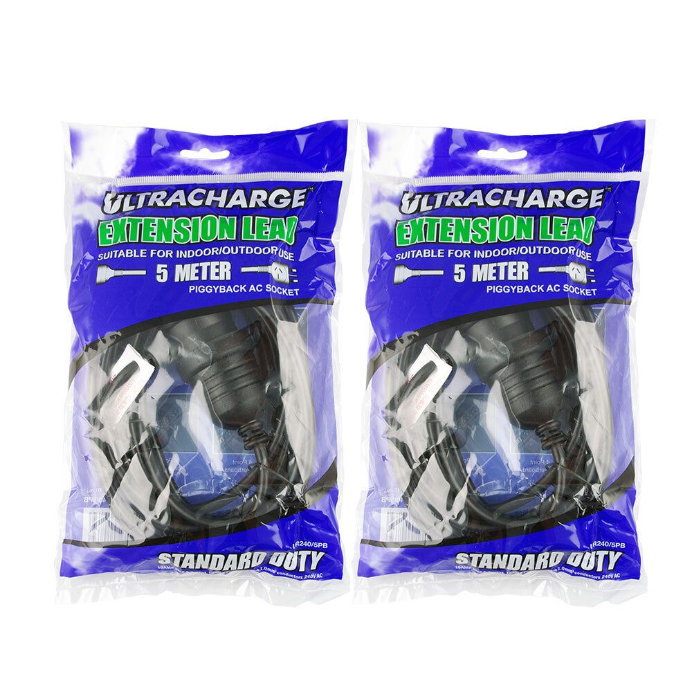 2PK Ultracharge Extension Lead 5M With Piggy Back Plug - Black