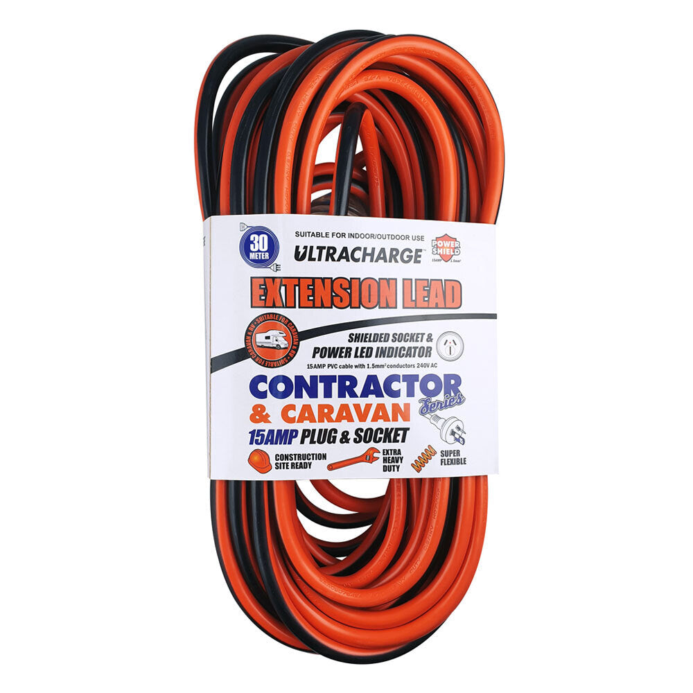Ultracharge 30m Contractor/Caravan Extension Lead Cable w/ 15A Plug/Socket