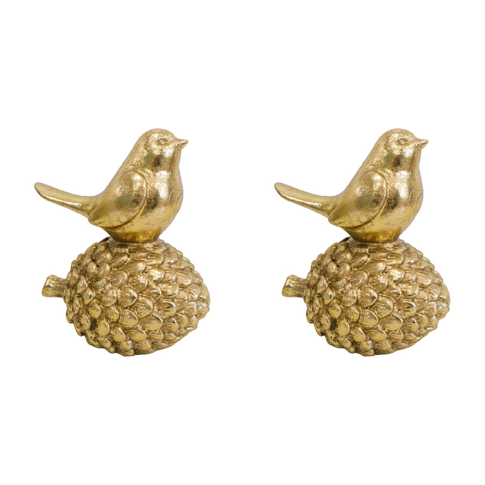 2PK LVD Polyresin Sculpture Bird On Pine Cone Home Decor 12.9cm Gold