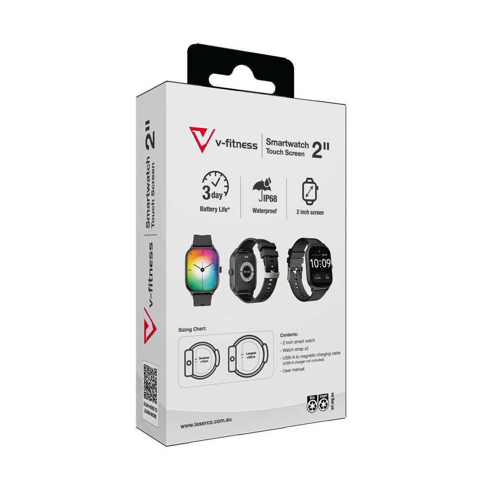V-Fitness IP68 Smart Watch 2in Touch Screen Apple/Google Fit Tracking Black