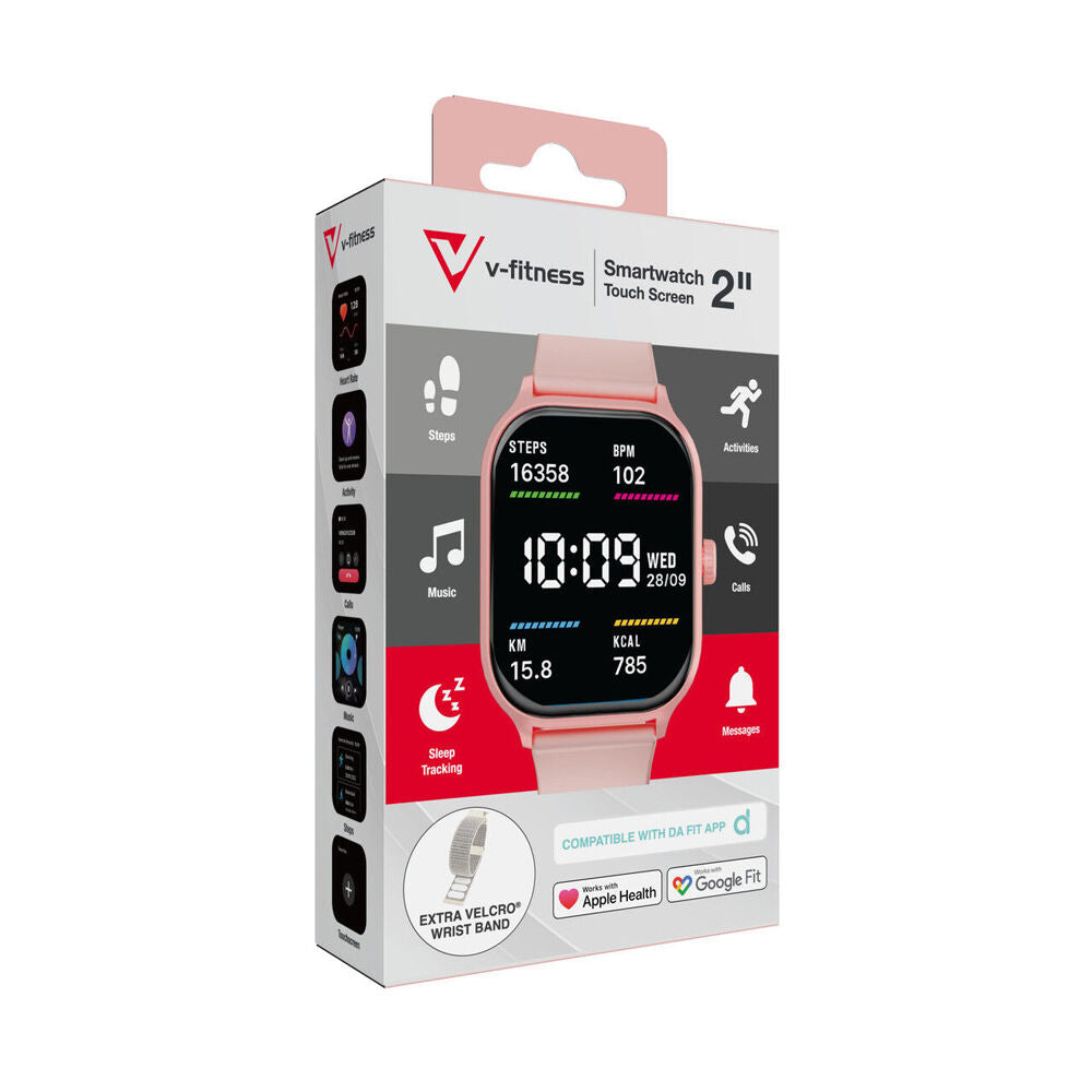 V-Fitness IP68 Smart Watch 2in Touch Screen Apple/Google Fit Tracking Pink