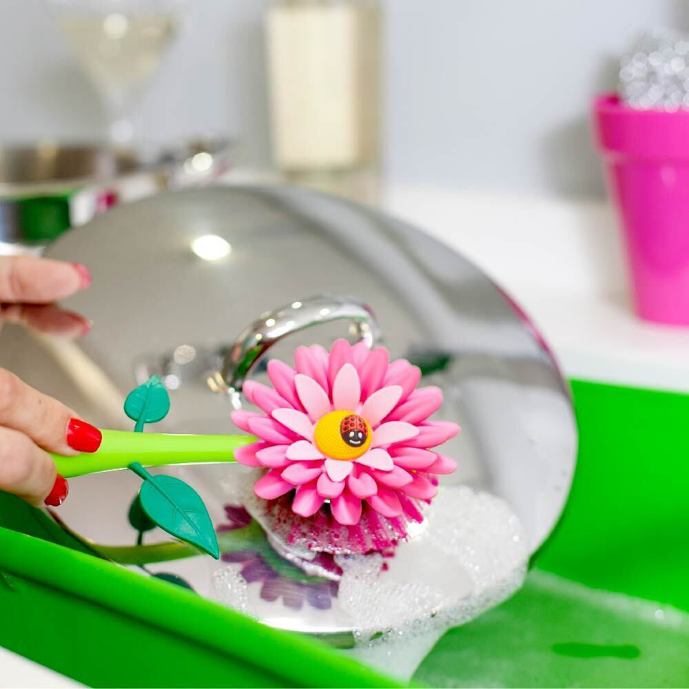 2PK Vigar Flower Power Dish Brush Plate/Bowl Cleaner w/ Vase - Pink