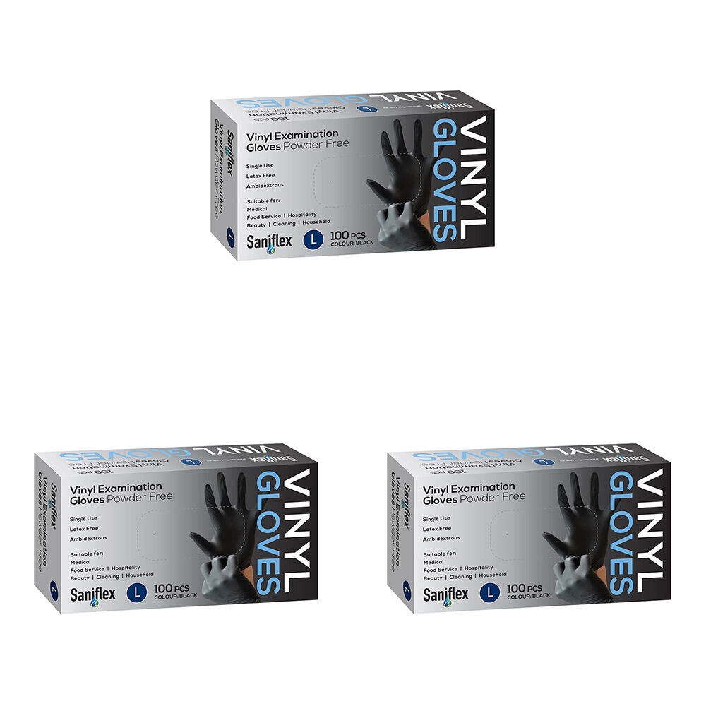 3x 100pc Saniflex Black Vinyl Examination Latex Powder Free Gloves- Size L
