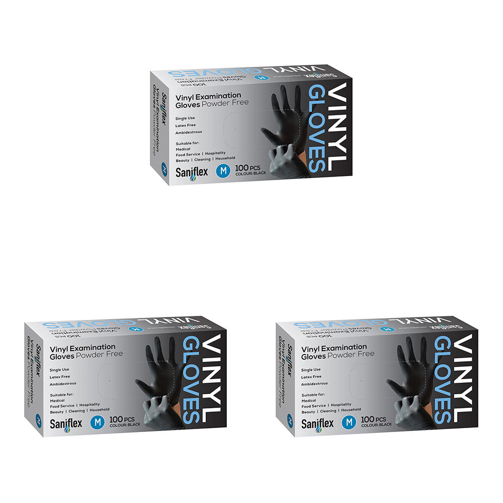 3x 100pc Saniflex Black Vinyl Examination Latex Powder Free Gloves- Size M