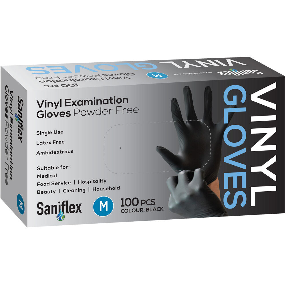 6x 100pc Saniflex Black Vinyl Examination Latex Powder Free Gloves- Size M