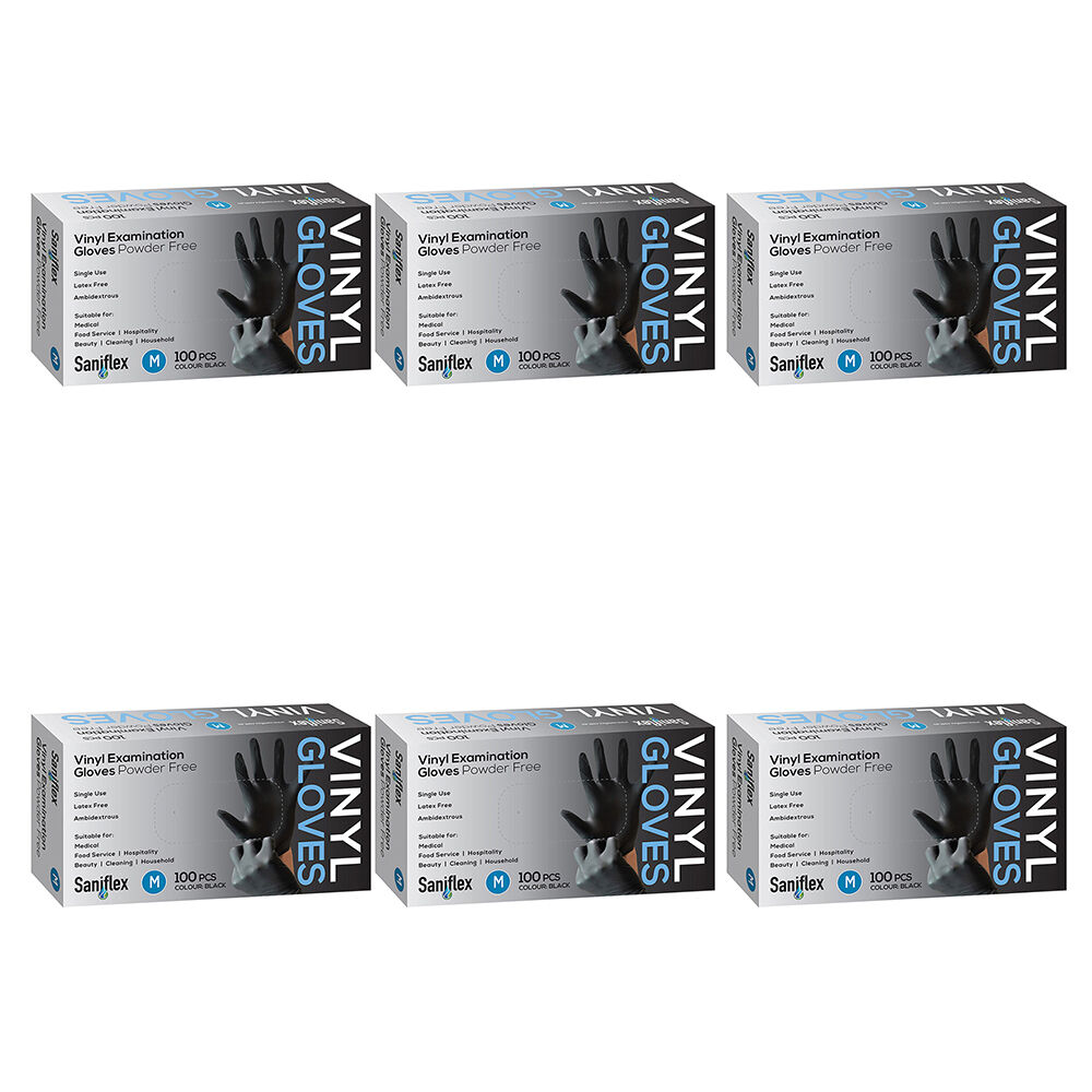 6x 100pc Saniflex Black Vinyl Examination Latex Powder Free Gloves- Size M