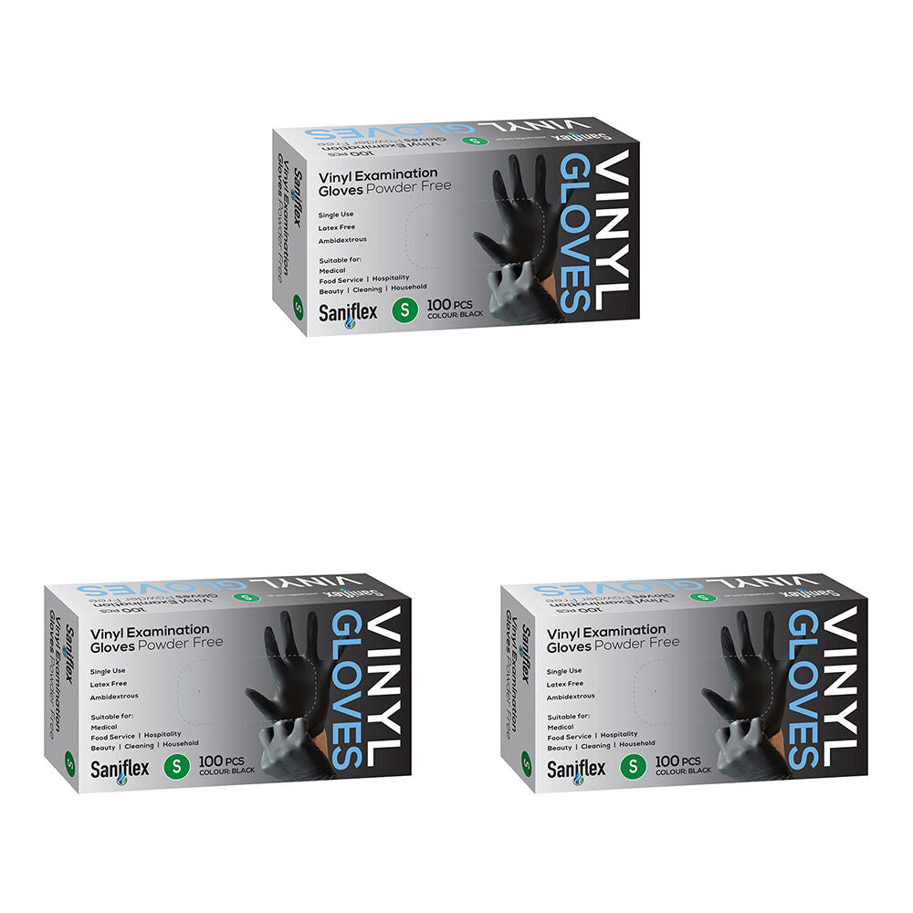 3x 100pc Saniflex Black Vinyl Examination Latex Powder Free Gloves- Size S