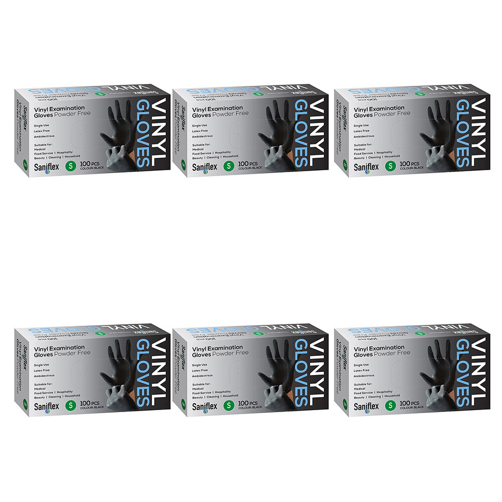 6x 100pc Saniflex Black Vinyl Examination Latex Powder Free Gloves- Size S