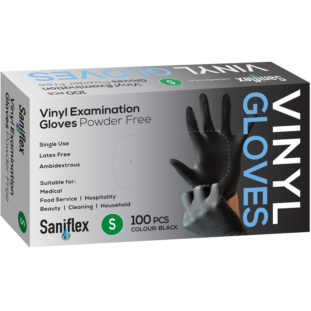 6x 100pc Saniflex Black Vinyl Examination Latex Powder Free Gloves- Size S