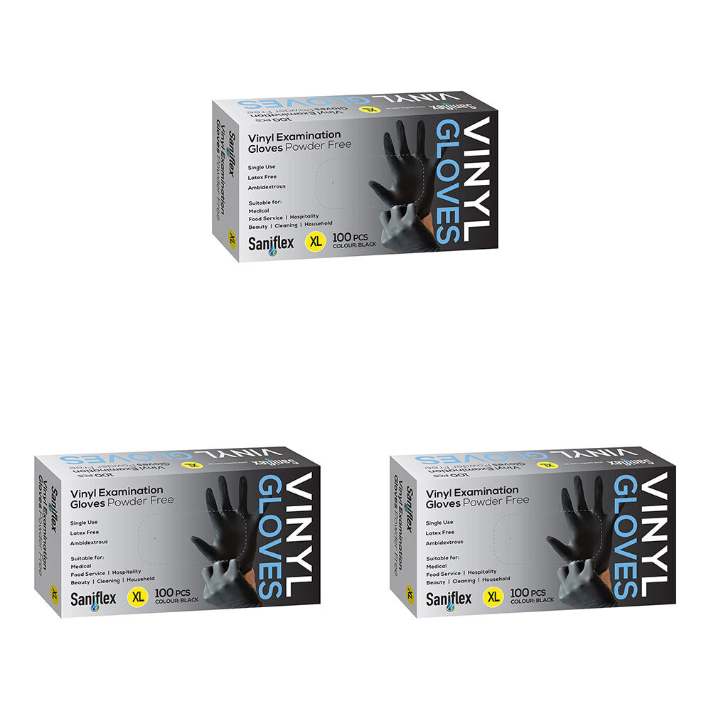 3x 100pc Saniflex Black Vinyl Examination Latex Powder Free Gloves- Size XL