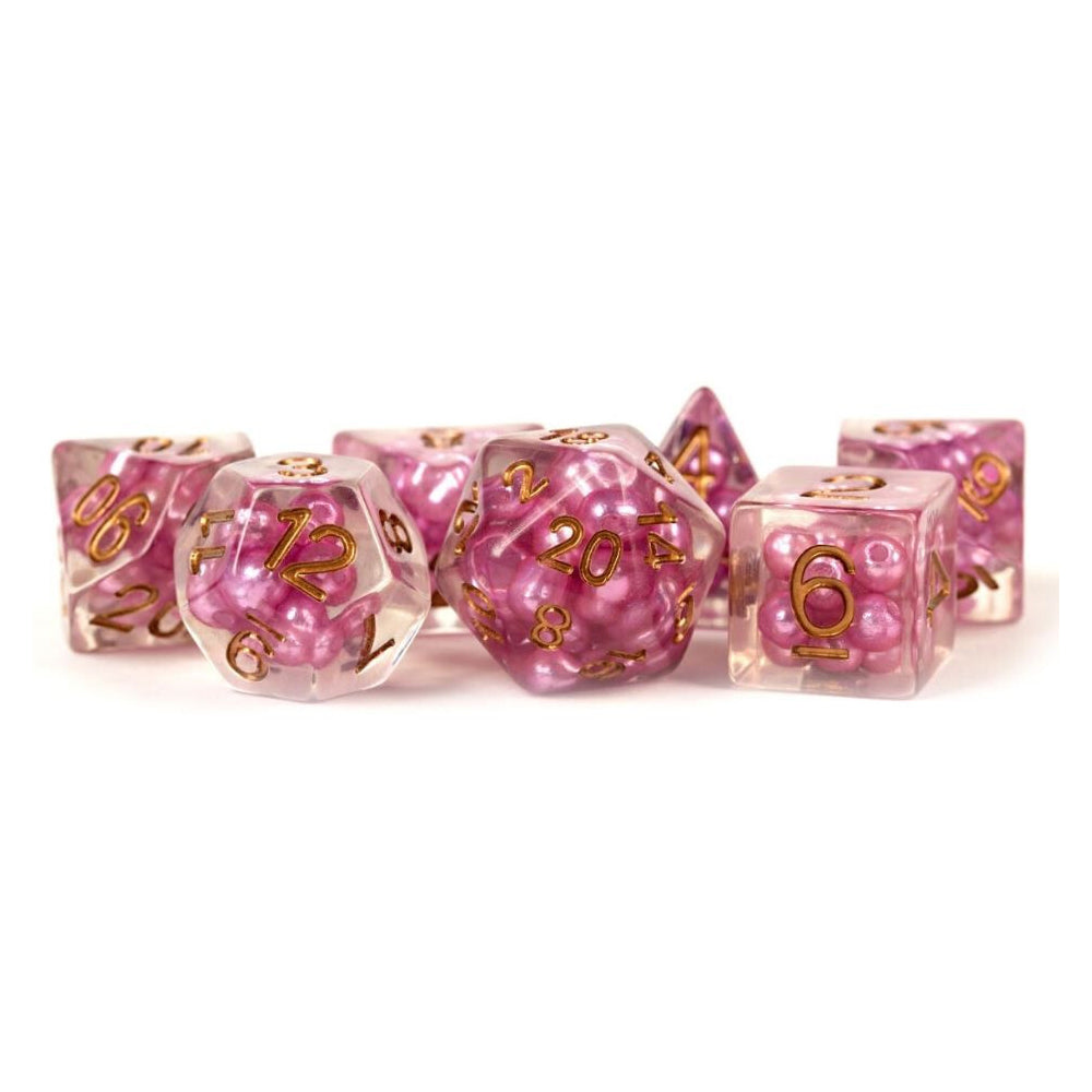 MDG Resin Pearl Polyhedral Gaming Dice Set RPG Pink w/ Copper Numbers 1.6cm