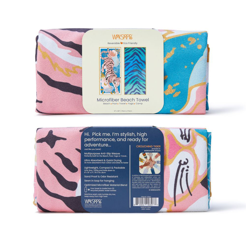 WerkShoppe Reversible Microfiber Beach Towel 79x173cm Large Crouching Tiger