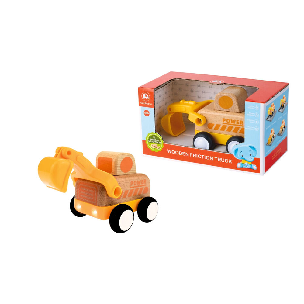 Wanborns Wooden Friction Digger & Bulldozer Truck w/ Sounds and Lights 18m+