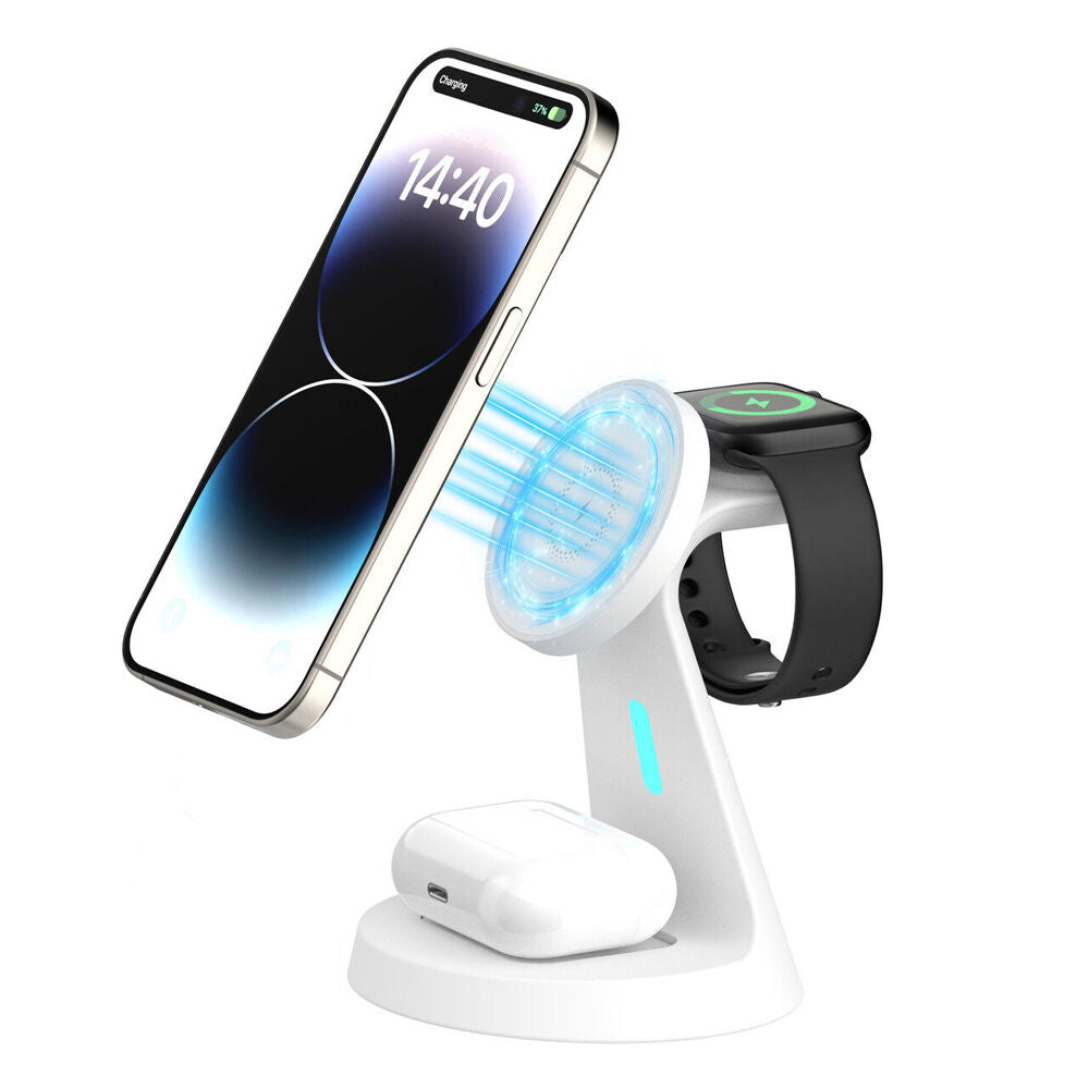 Laser 3 in 1 Wireless Charging Stand Multi Device Charger Magnetic White