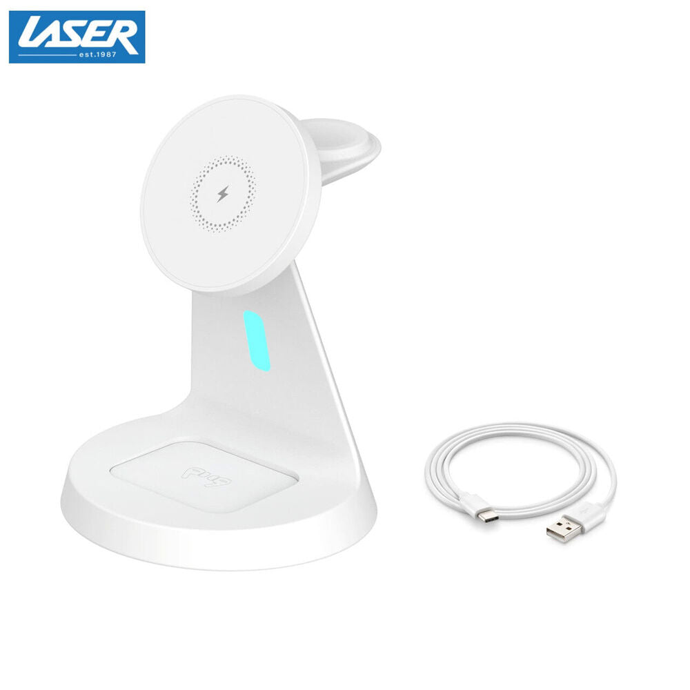Laser 3 in 1 Wireless Charging Stand Multi Device Charger Magnetic White