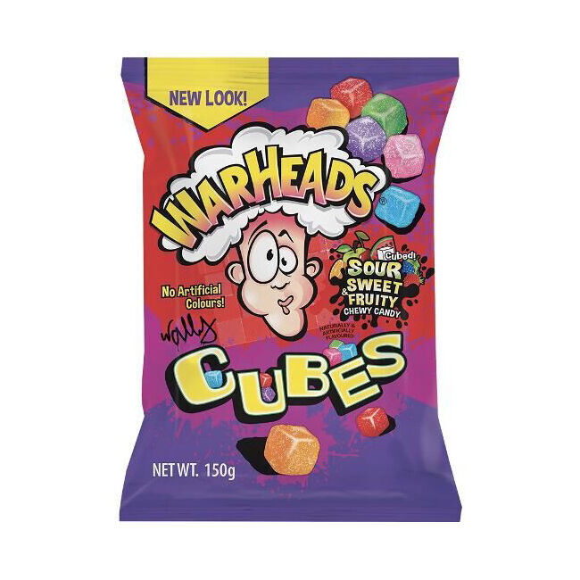 12PK Warheads Chewy Cubes Sour Sweet Fruity Candy Lollies 150g Bag Confectionery